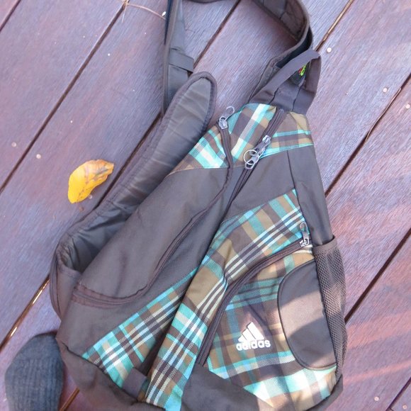 Adidas brown/blue plaid medium backpack, euc, excellent condition